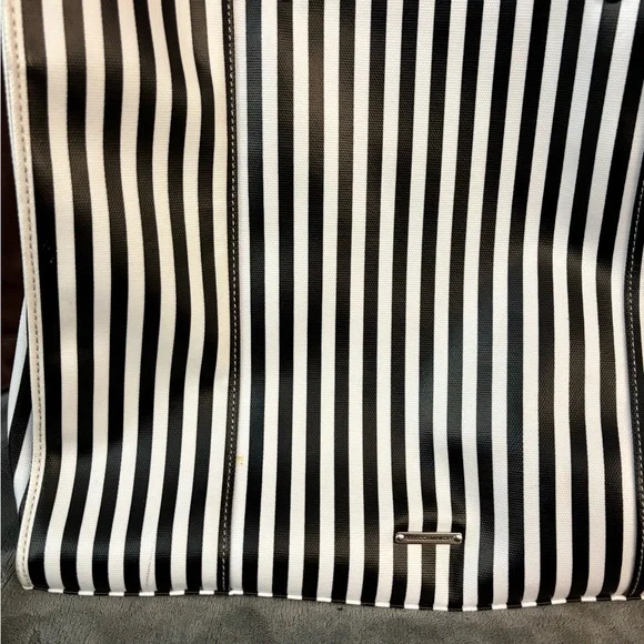 Rebecca Minkoff MAB Tote Black White Stripe Canvas Leather Handles - Picture 5 of 10